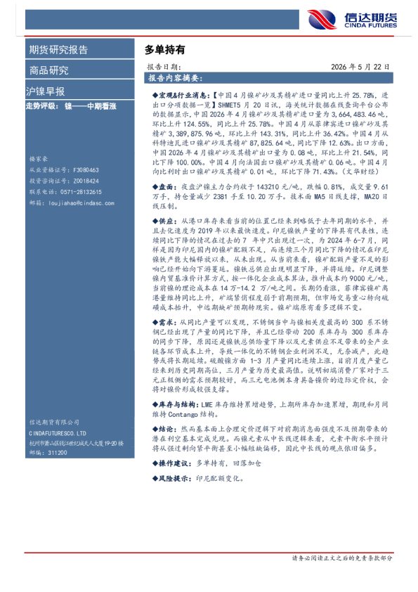 沪镍早报：多单持有