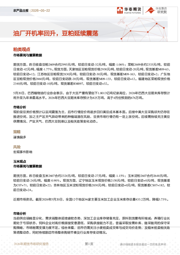 农产品日报：油厂开机率回升，豆粕延续震荡
