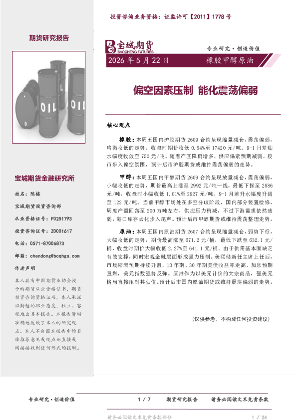 橡胶甲醇原油日报：偏空因素压制 能化震荡偏弱