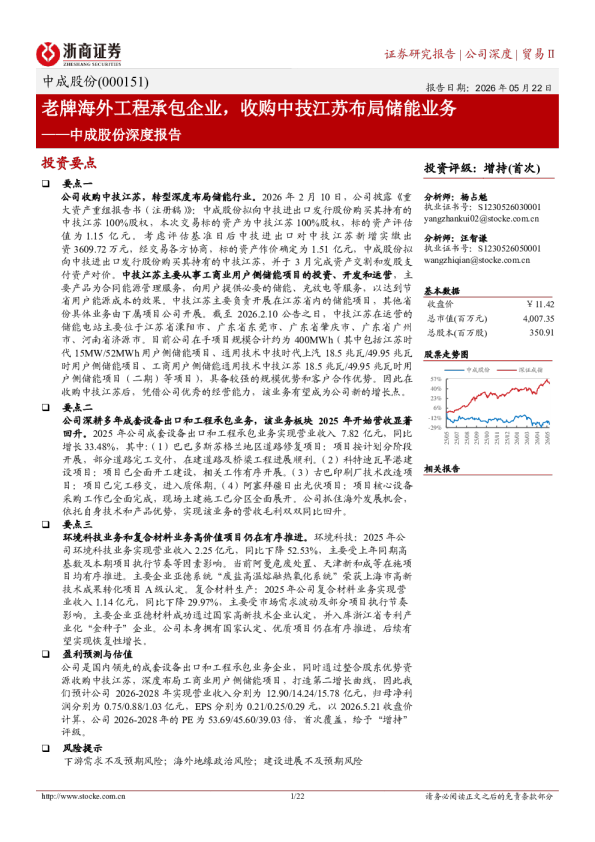 中成股份深度报告：老牌海外工程承包企业，收购中技江苏布局储能业务