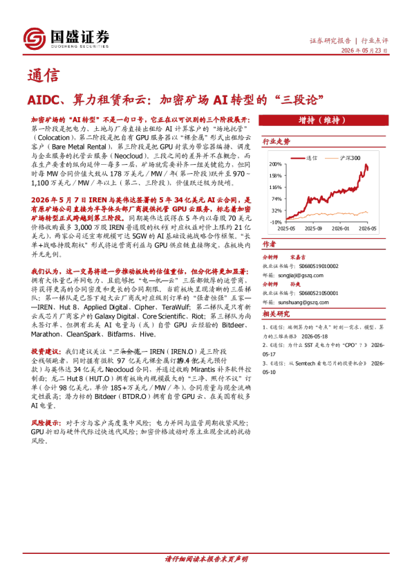 通信行业点评：AIDC、算力租赁和云：加密矿场AI转型的“三段论”