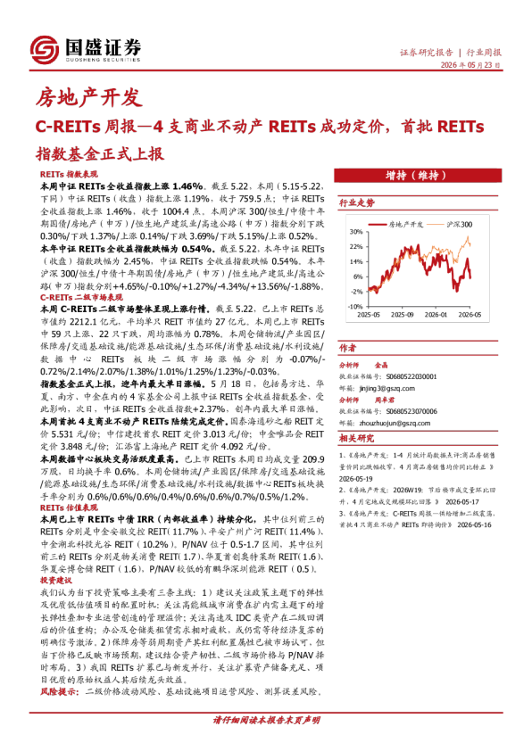 房地产开发C-REITs周报：4支商业不动产REITs成功定价，首批REITs指数基金正式上报