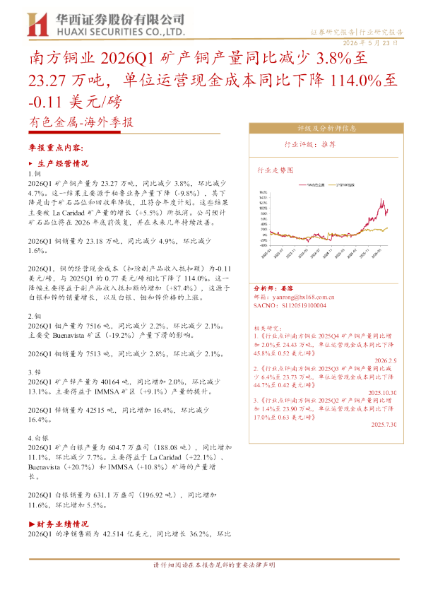 有色金属：海外季报：南方铜业 2026Q1 矿产铜产量同比减少 3.8%至 23.27 万吨，单位运营现金成本同比下降 114.0%至 -0.11 美元/磅