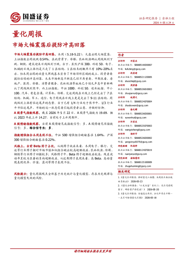 量化周报：市场大幅震荡后提防冲高回落