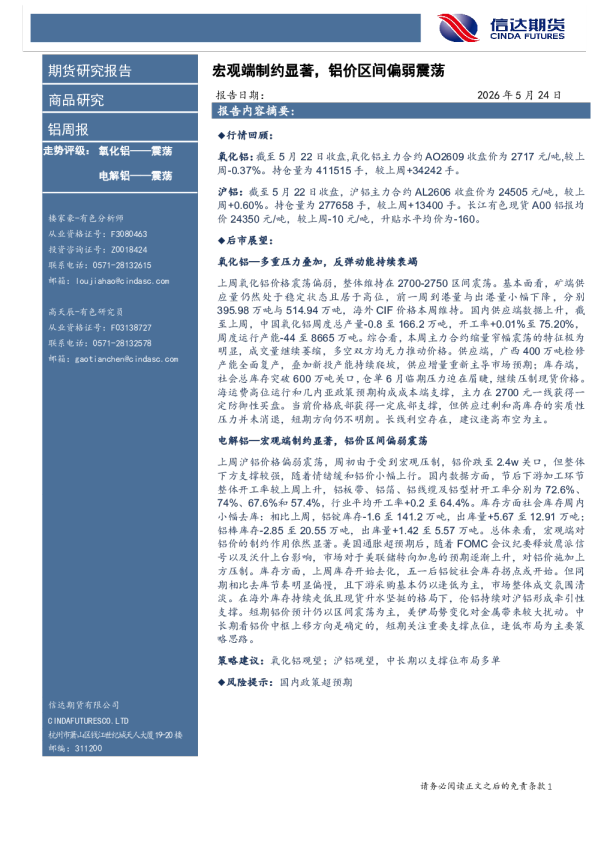 铝周报：宏观端制约显著，铝价区间偏弱震荡