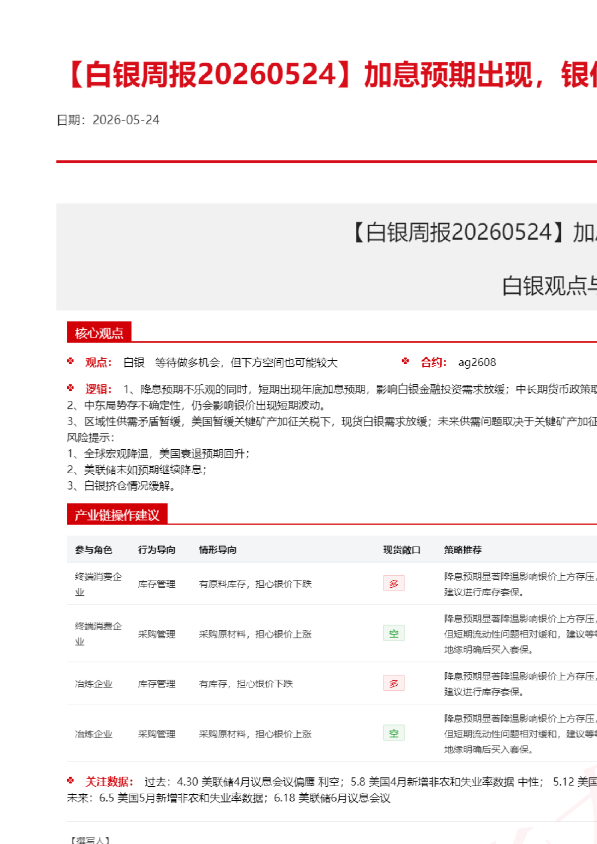 【白银周报】加息预期出现，银价偏弱震荡
