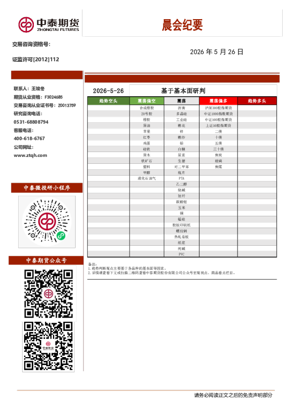 中泰期货晨会纪要