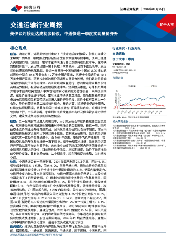 交通运输行业周报：美伊谈判接近达成初步协议，中通快递一季度实现量价齐升