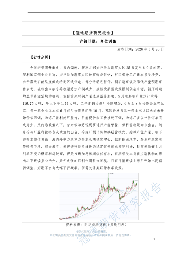 沪铜日报：高位调整