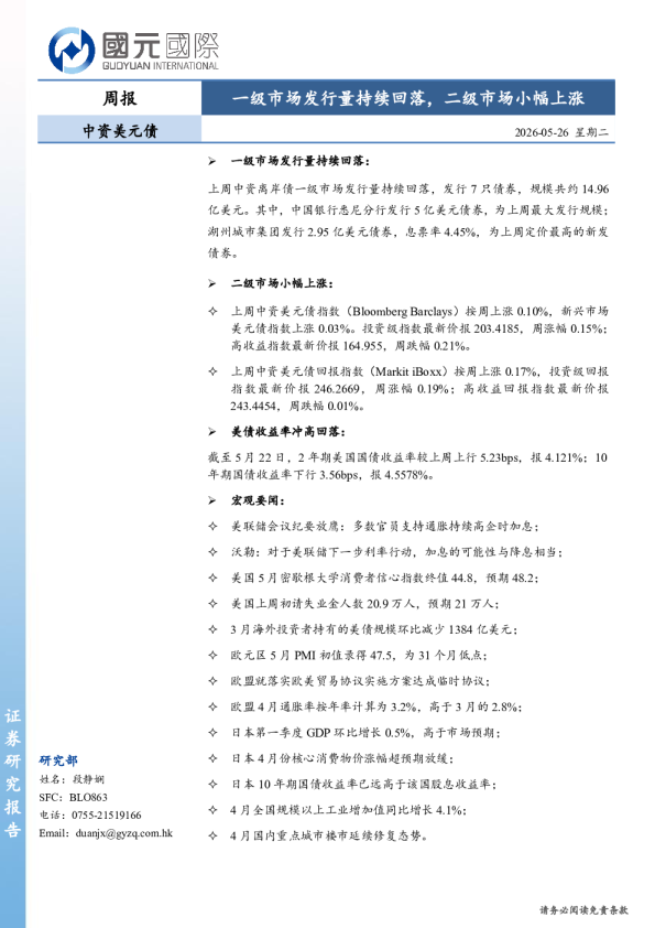 中资美元债周报：一级市场发行量持续回落，二级市场小幅上涨