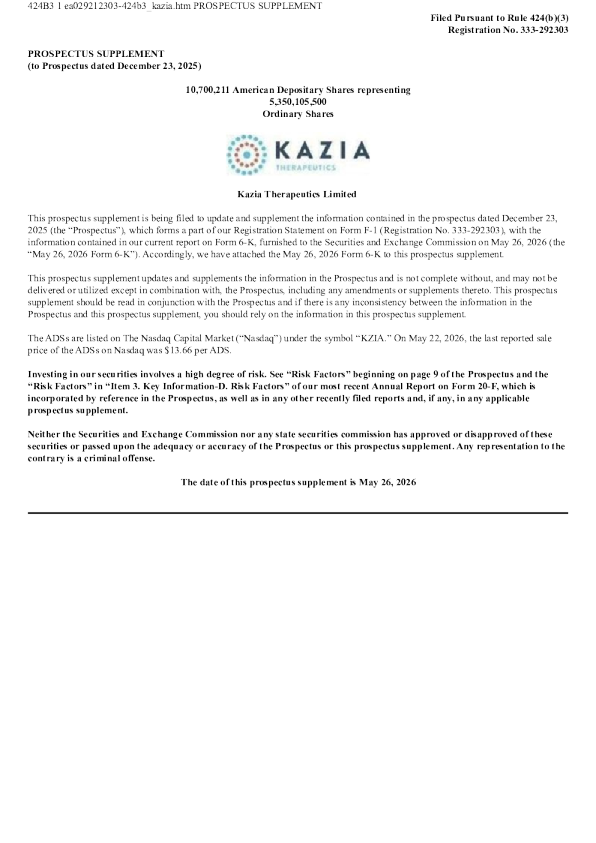 Kazia Therapeutics Ltd ADR美国存托凭证招股说明书（2026年5月26日版）