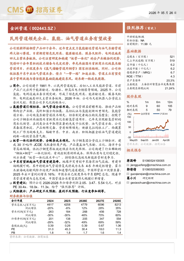 金洲管道(002443)民用管道领先企业，氢能、油气管道业务有望放量