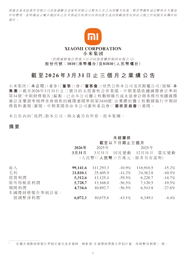 截至2026年3月31日止三个月之业绩公告