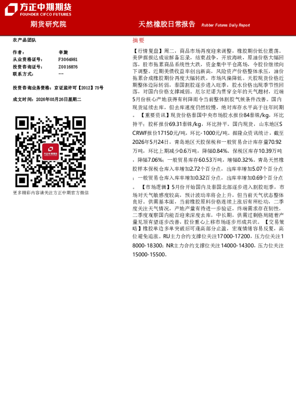 天然橡胶日度策略报告：橡胶期价低位震荡，关注去库节奏与天气题材