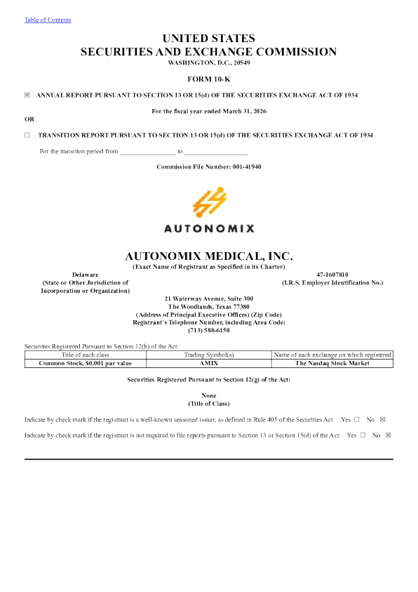Autonomix Medical Inc 2025年度报告