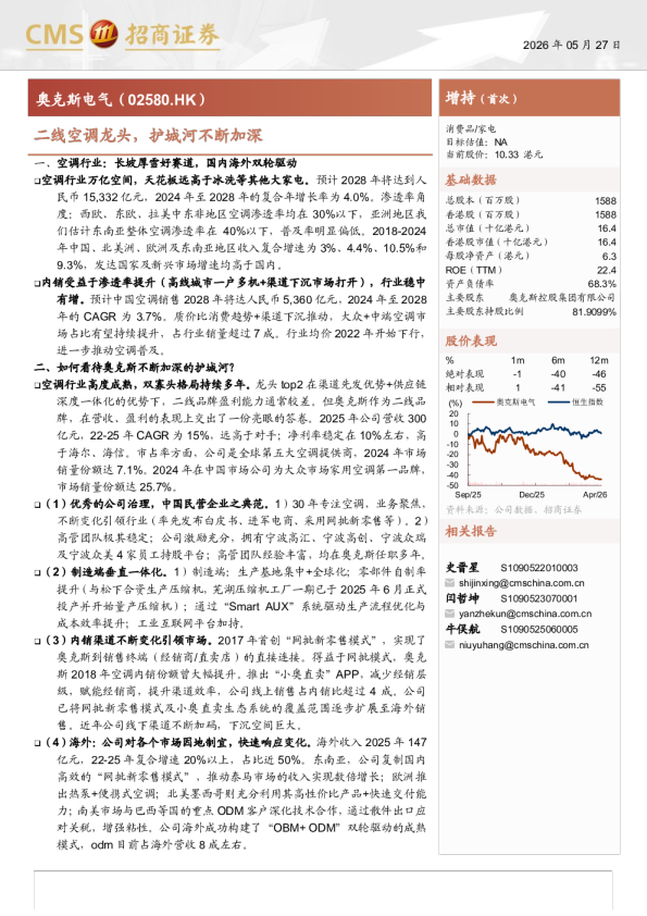 奥克斯电气(2580.HK)二线空调龙头，护城河不断加深