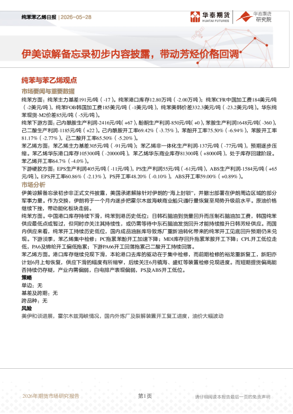 纯苯苯乙烯日报：伊美谅解备忘录初步内容披露，带动芳烃价格回调