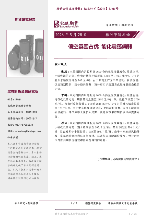 橡胶甲醇原油日报：偏空氛围占优 能化震荡偏弱