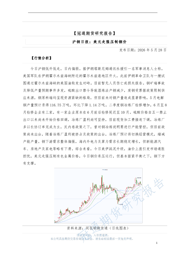 沪铜日报：美元走强压制铜价