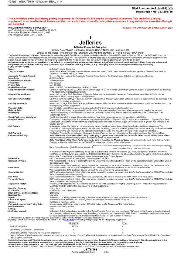 Jefferies Financial Group Inc美股招股说明书(2026-05-28版)