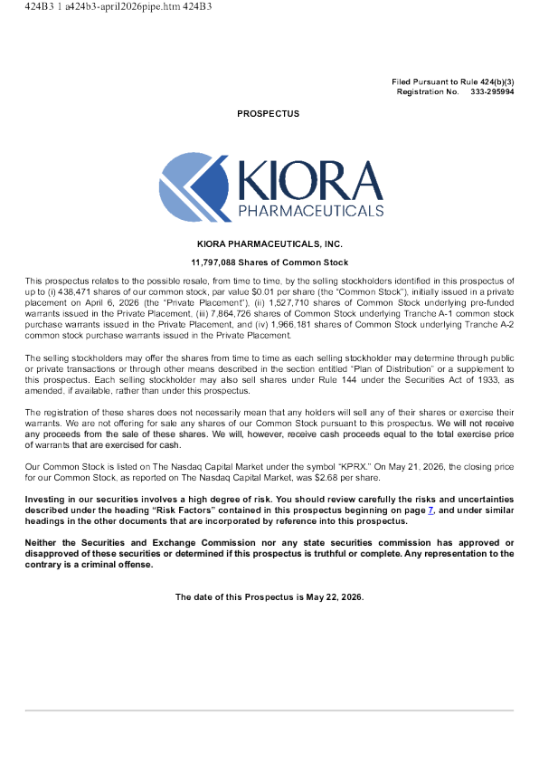 Kiora Pharmaceuticals Inc. 美股招股说明书（2026年5月28日版）