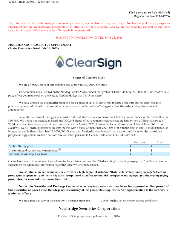ClearSign Technologies Corp 美股招股说明书（2026年5月28日版）