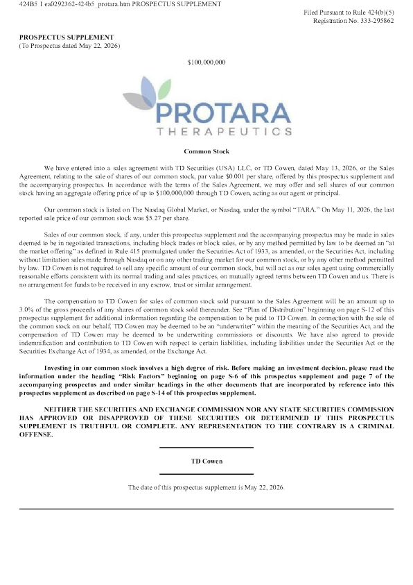 Protara Therapeutics Inc美国招股说明书（2026年5月28日版）