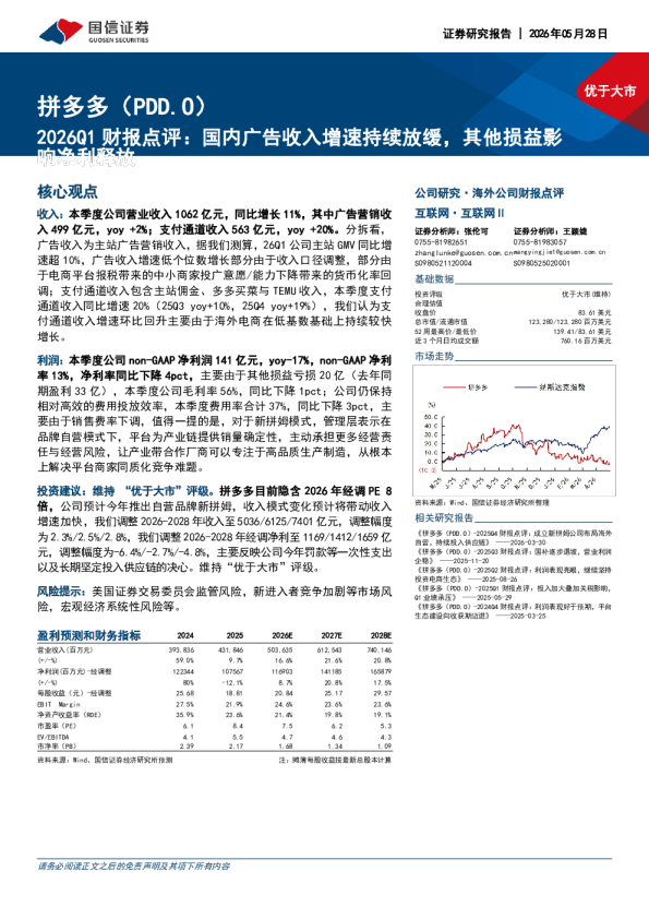 拼多多（PDD.O）2026Q1财报点评：国内广告收入增速持续放缓，其他损益影响净利释放