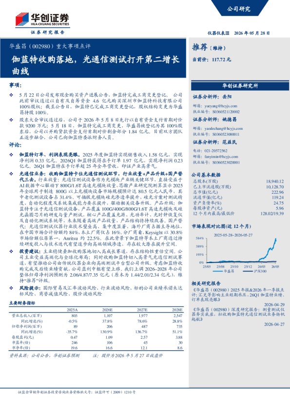 华盛昌（002980）重大事项点评：伽蓝特收购落地，光通信测试打开第二增长曲线