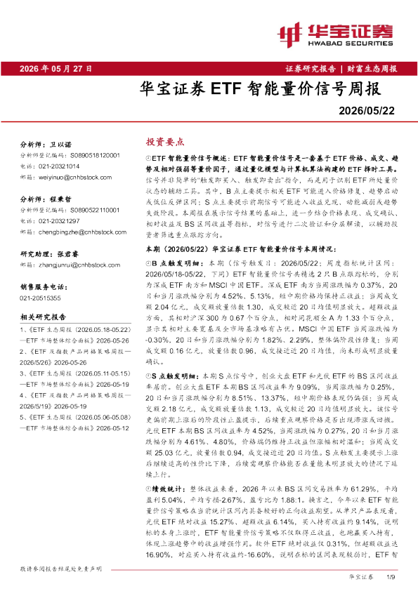 华宝证券ETF智能量价信号周报