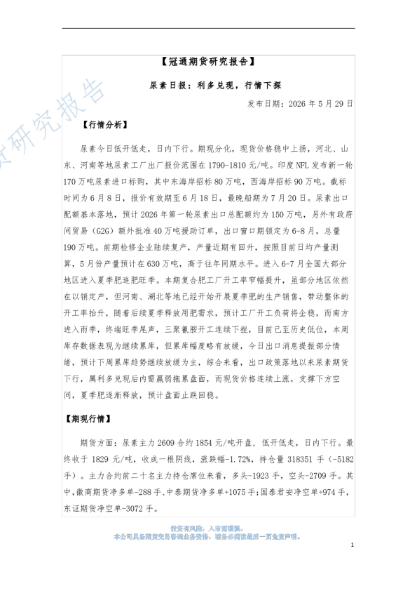 尿素日报：利多兑现，行情下探