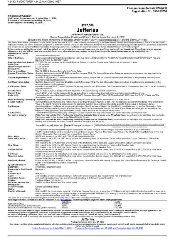 Jefferies Financial Group Inc 美国股票招股说明书（2026年5月29日版）