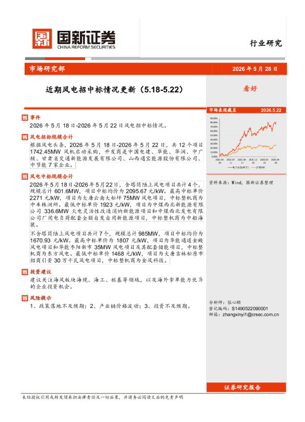 近期风电招中标情况更新（5.18-5.22）