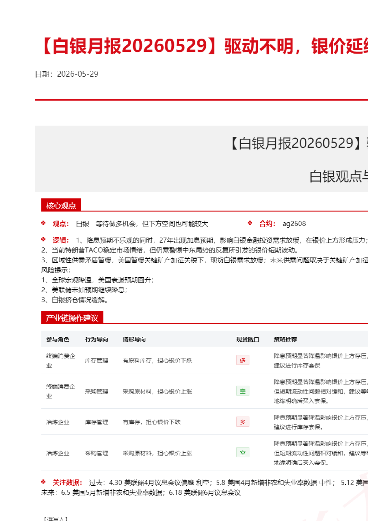 【白银月报】驱动不明，银价延续震荡