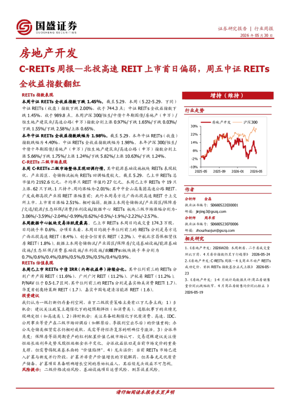 房地产开发C-REITs周报：北投高速REIT上市首日偏弱，周五中证REITs全收益指数翻红