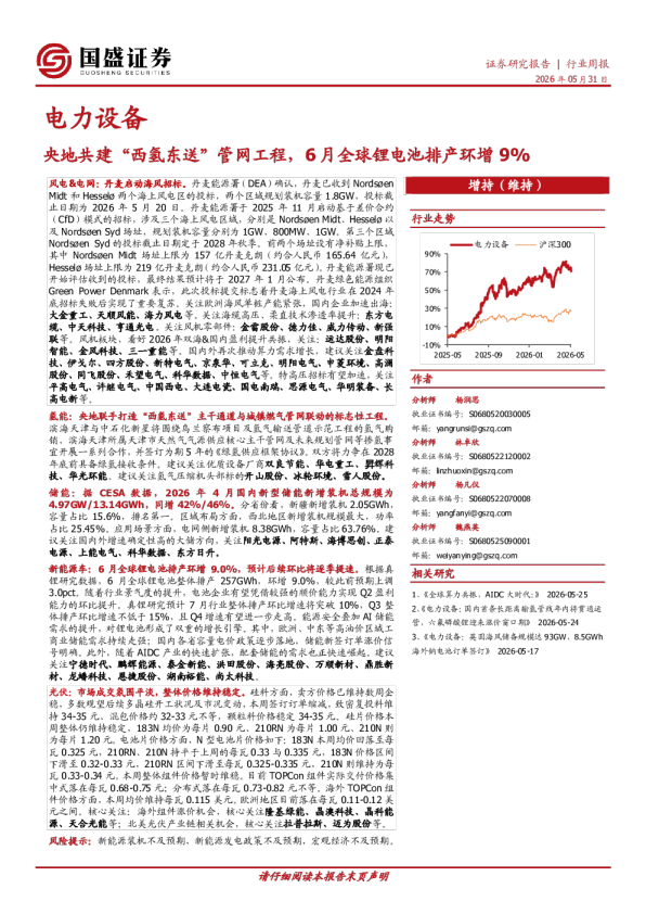 电力设备行业周报：央地共建“西氢东送”管网工程，6月全球锂电池排产环增9%