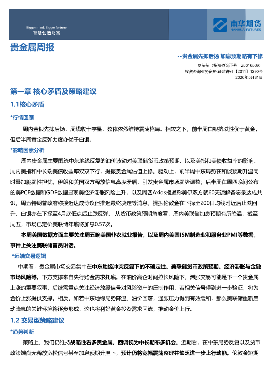 南华贵金属（黄金&白银）周报：贵金属先抑后扬 加息预期略有下修20260531
