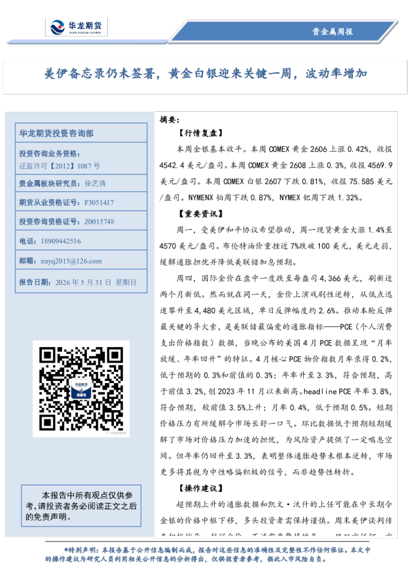 贵金属周报：美伊备忘录仍未签署，黄金白银迎来关键一周，波动率增加