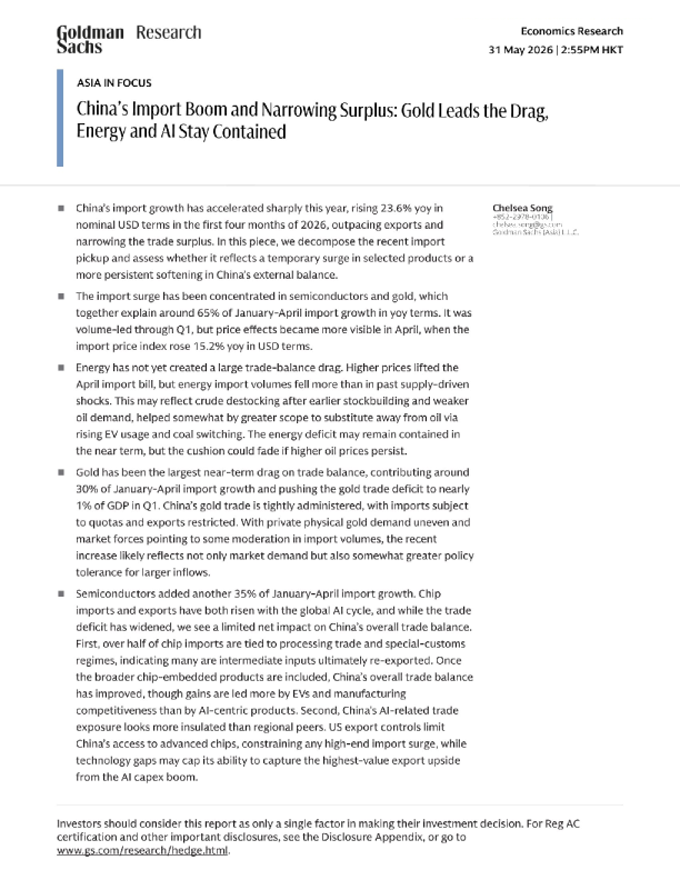 亚洲聚焦：中国进口激增与顺差收窄：黄金引领拖累，能源与人工智能保持可控
