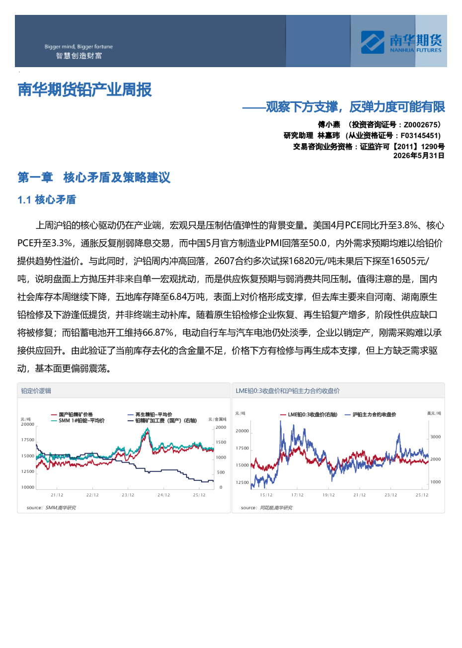 南华期货铅产业周报：观察下方支撑，反弹力度可能有限20260601