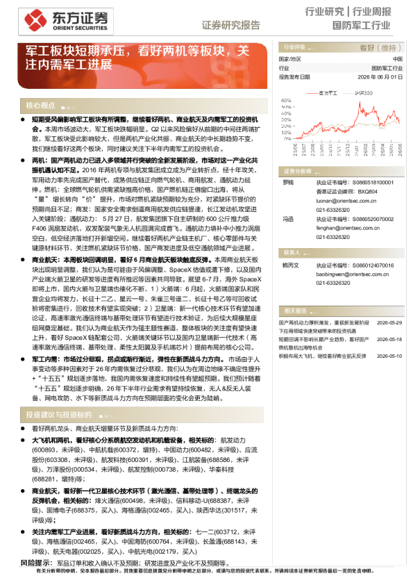 国防军工行业周报：军工板块短期承压，看好两机等板块，关注内需军工进展