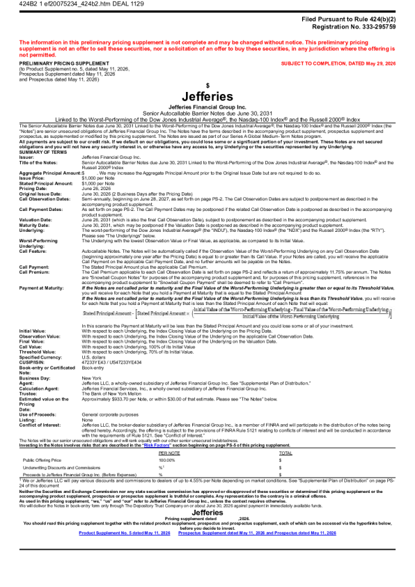 Jefferies Financial Group Inc. 美股招股说明书（2026年6月1日版）