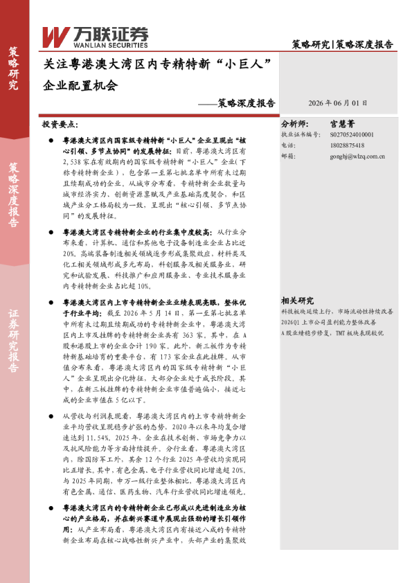策略深度报告：关注粤港澳大湾区内专精特新“小巨人”企业配置机会