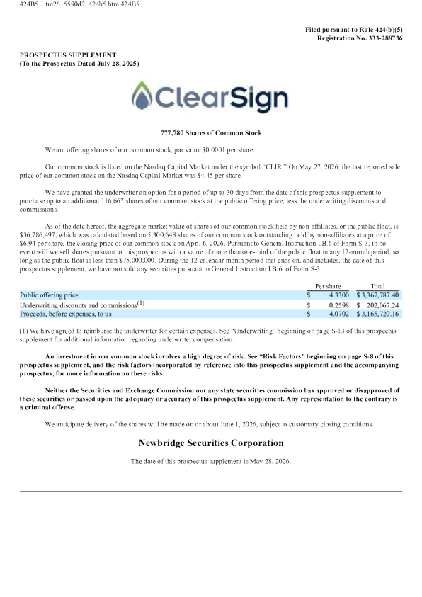 ClearSign Technologies Corp 美股招股说明书（2026年6月1日版）