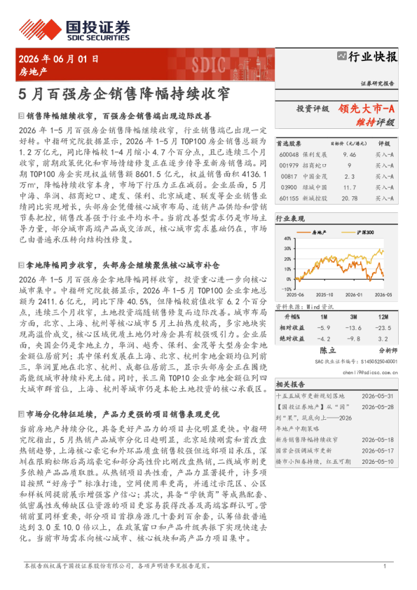 房地产行业快报：5月百强房企销售降幅持续收窄