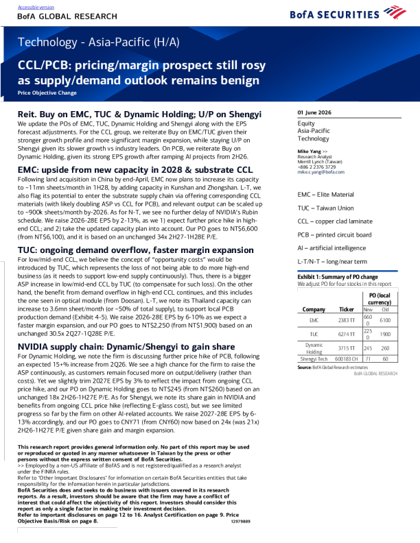 Technology - The CCL/PCB pricing and margin prospects in the Asia-Pacific region remain optimistic, with a favorable outlook for supply and demand.