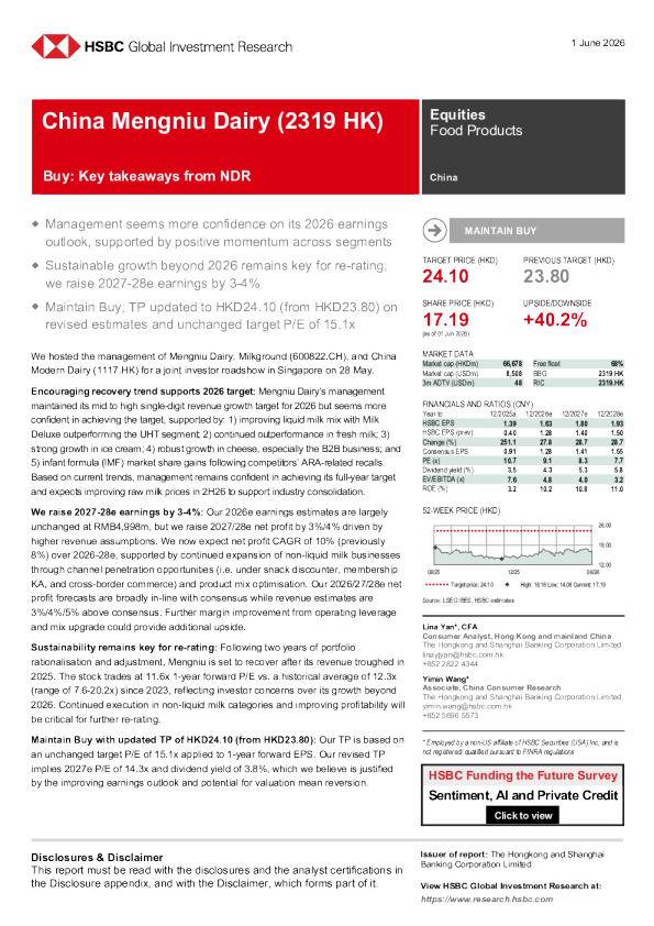 HSBC-Mengniu Dairy Industry (China) (2319.HK) Buy Rating: Key Points from Singapore Investor Meeting