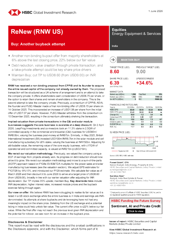 ReNew（RNW.US）买入评级，关注回购与私有化要约