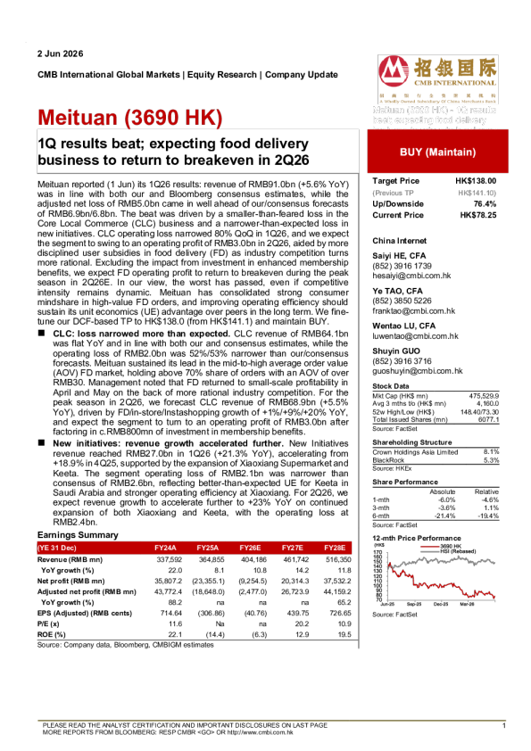 1Q results beat; expecting food delivery business to return to breakeven in 2Q26