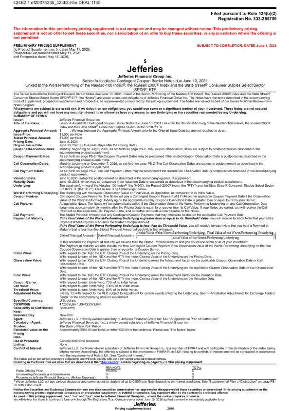 Jefferies Financial Group Inc. 美股招股说明书（2026年6月2日版）